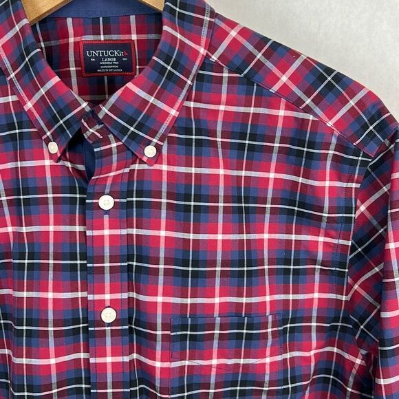 UnTuckIt Men’s Button Front Shirt Sz Large Red Blue Plaid Long Slv Wrinkle Free - Picture 3 of 6